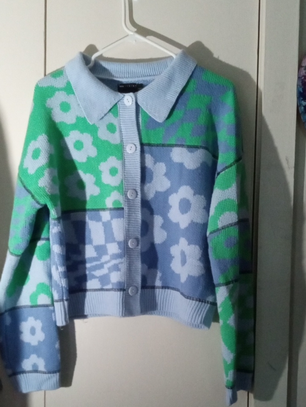 ASOS Blue & Green Oversized Floral Patchwork Collared Cardigan US 10